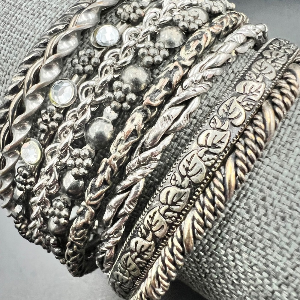 Silver Tone Mixed Texture Stacking Bangle Bracelet Curated Set 10 Boho 90s